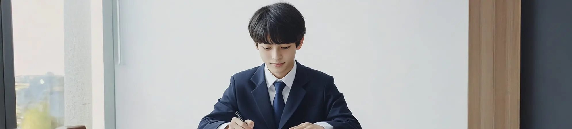 中学生の男子生徒が集中して勉強しています