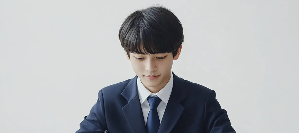 中学生の男子生徒が集中して勉強しています